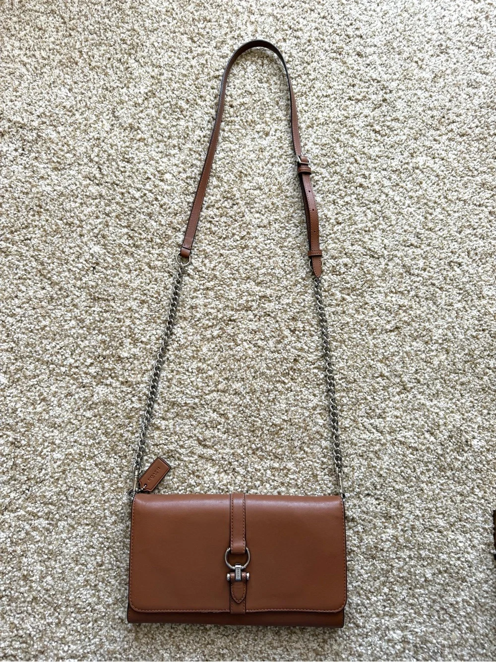 Coach Nomad Crossbody Clutch Wallet in Saddle Brown Leather Silver Chain